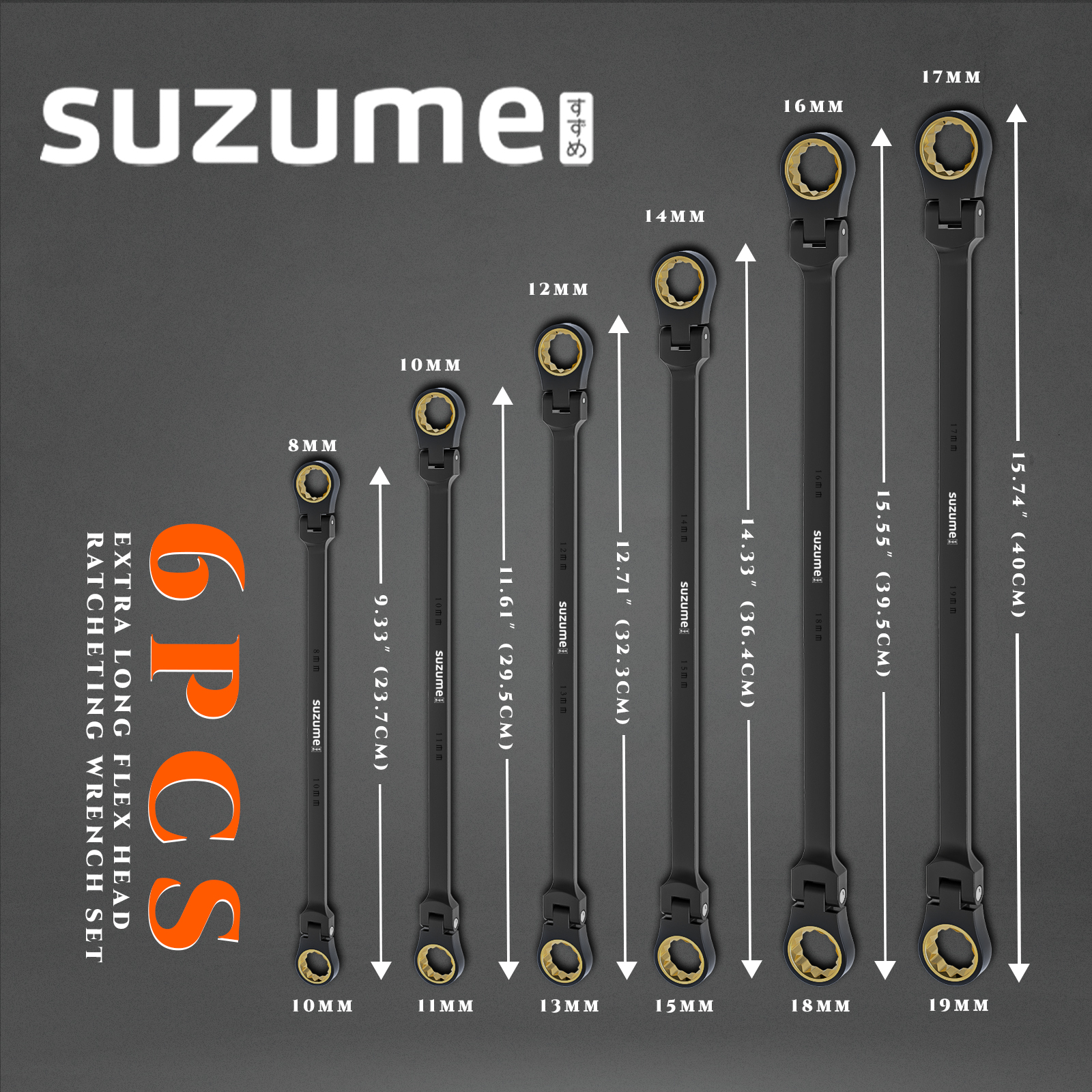 Extra long flex head ratcheting wrench set