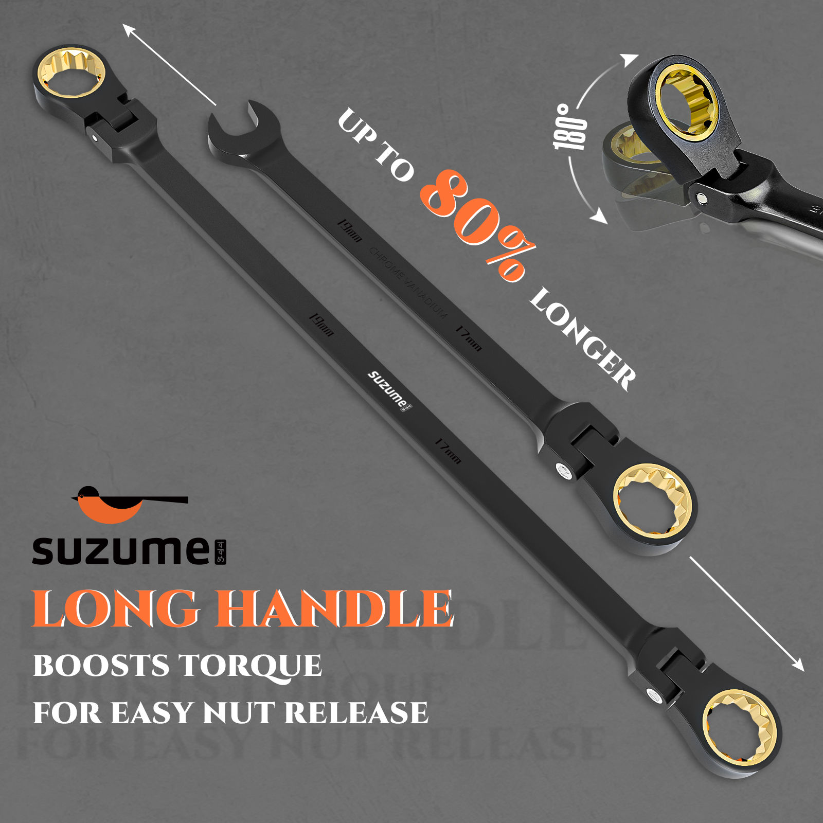 Extra long flex head ratcheting wrench set