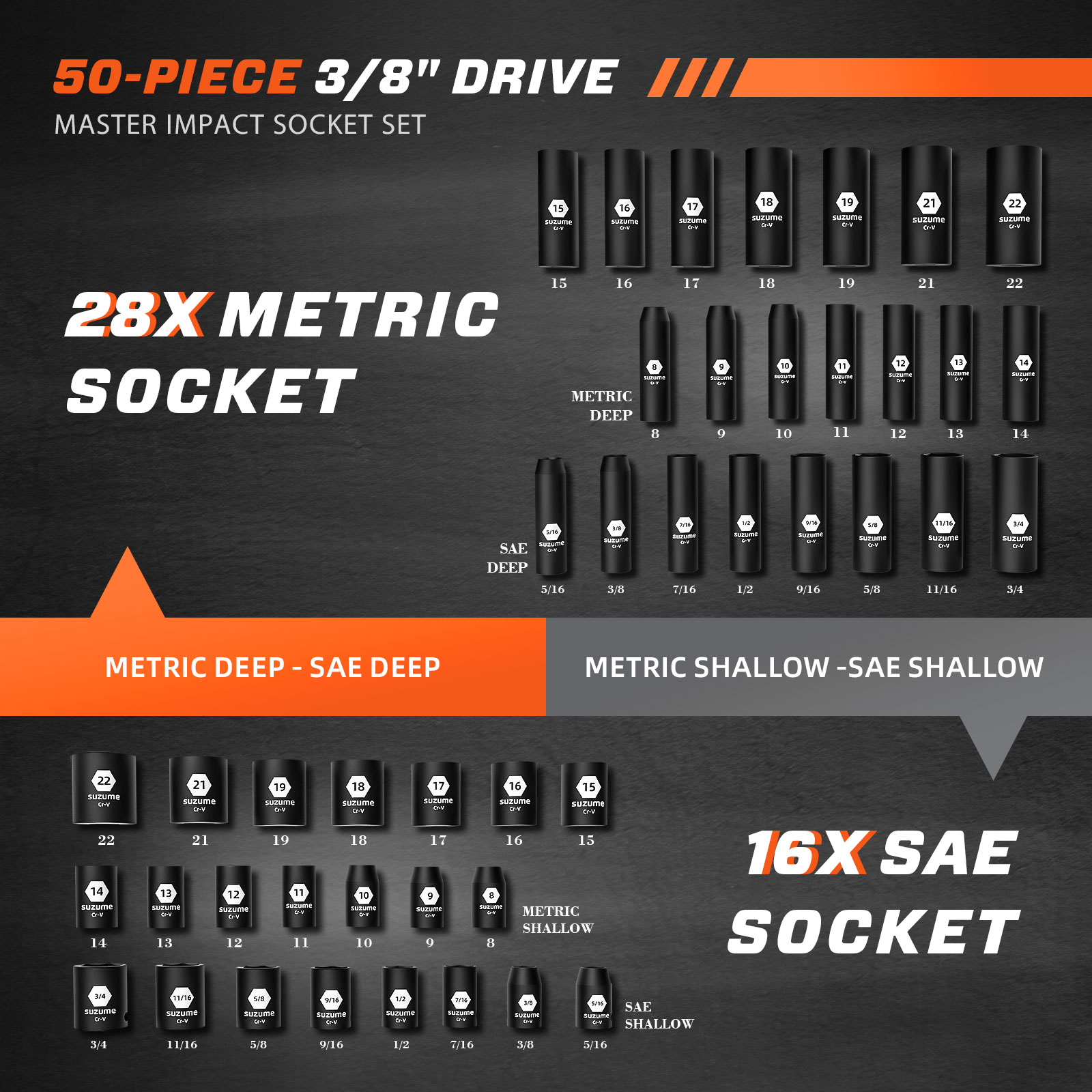 3/8" Drive Impact Socket Set