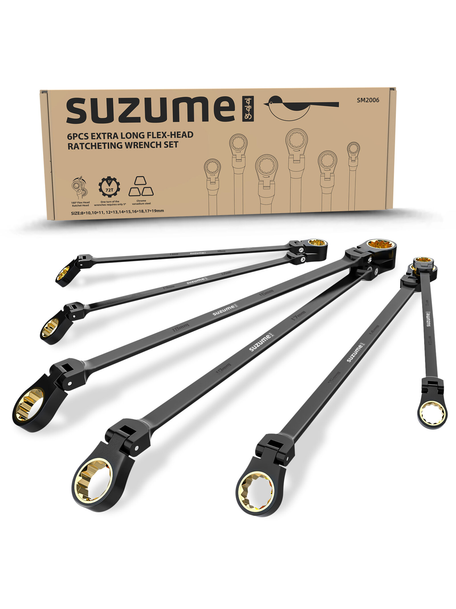 Extra long flex head ratcheting wrench set