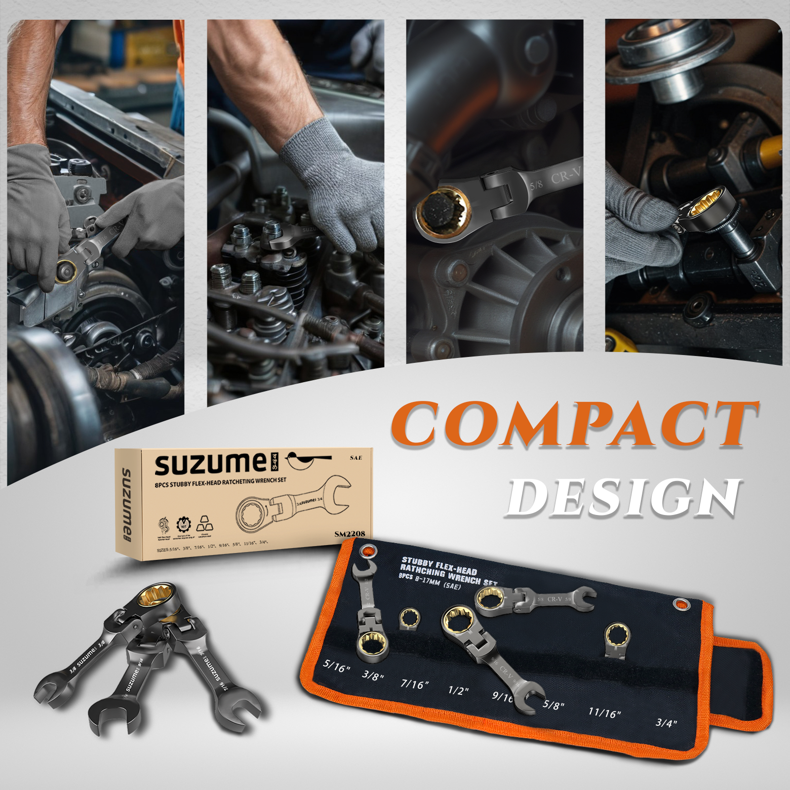 SUZUME 8-Piece Stubby Wrenches Set SAE (5/16” to 3/4”)
